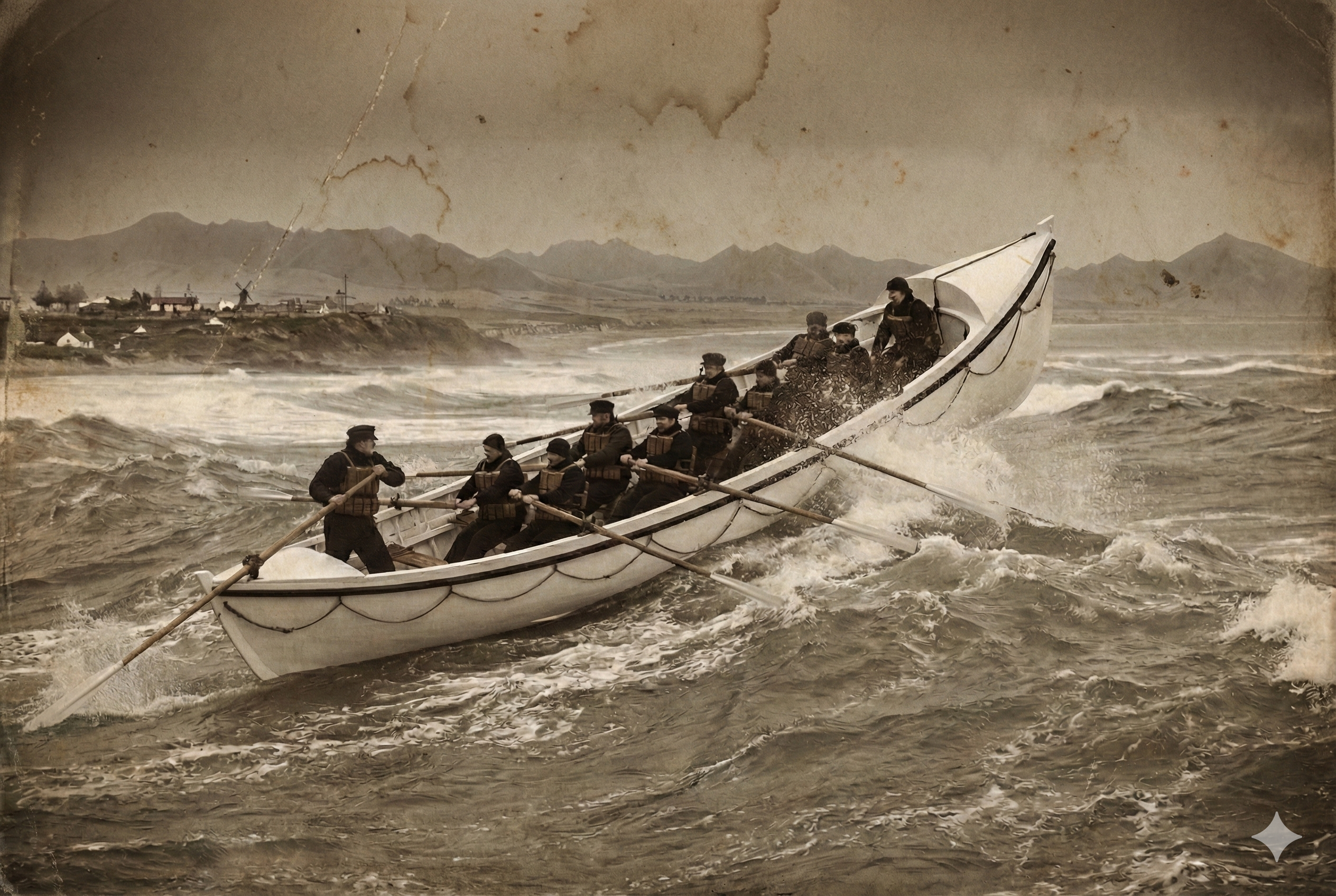 The Alexandra lifeboat breaching through heavy swell with crew rowing, demonstrating the vessel's capabilities in dangerous sea conditions circa 1880s