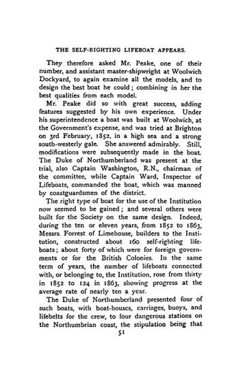 Text describing Peake's lifeboat design and RNLI adoption