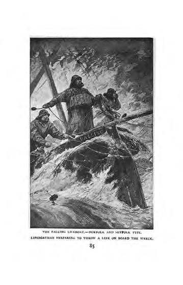 Victorian illustration of lifeboat crew preparing to throw a line during a rescue in stormy seas